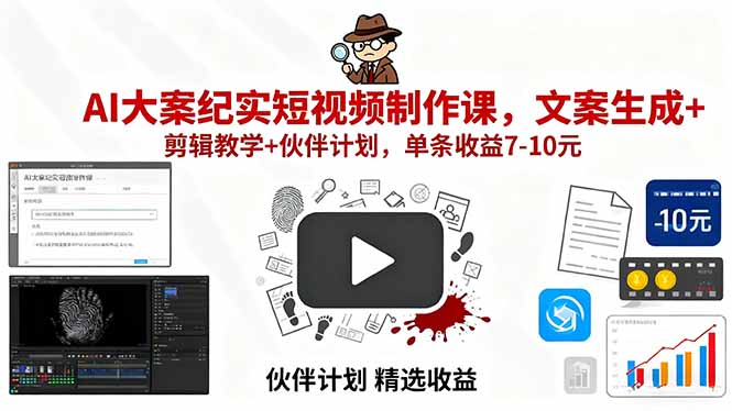 AI大案紀實短視頻制作技巧:文案創(chuàng)作+剪輯實操+伙伴計劃-單條收益賺7-10元-資源網(wǎng)站